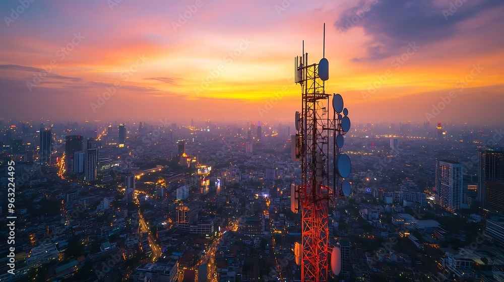 Leinwandbilder antenna communication technology with city background communication tower connect to data of smart c