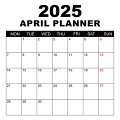 April 2025 Calendar. Week starts on Monday. Blank Calendar Template. Fits Letter Size Page. Stationery Design. Simple set calendar 2025. Monthly calendar template. Planner for 2025 year.