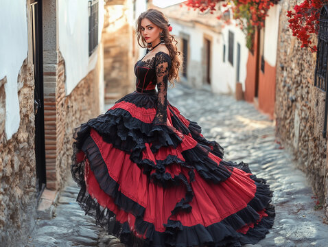 Una mujer est&aacute; vestida con un vestido tradicional negro y rojo, en la calle de la ciudad vieja