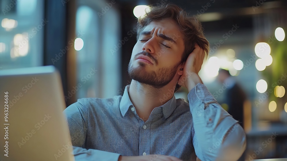 Poster a young businessman in a modern office setting experiencing neck pain while working at his desk with