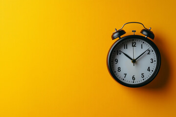 Photo of a clock on a yellow background, symbolizing time management for work and study. Web banner with copy space on the right side.