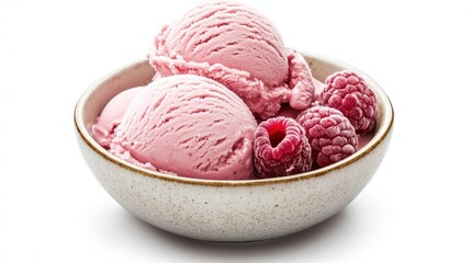Delicious Raspberry Ice Cream in a Ceramic Bowl with Fresh Raspberries on White Background