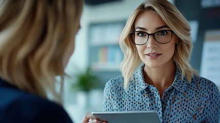 Female executive assistant holding a tablet as she shows her boss a business report indicating the companys growth and success Happy young business woman working with a mature female p : Generative AI