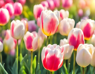 Spring sun shining on beautiful tulips background