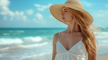 Woman in a straw hat enjoying a sunny day at the beach