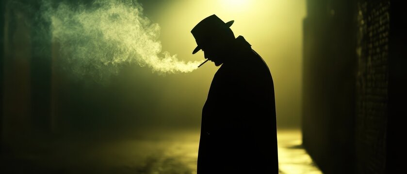 Mysterious Silhouette of a Man in a Hat Smoking in a Foggy Alleyway at Night