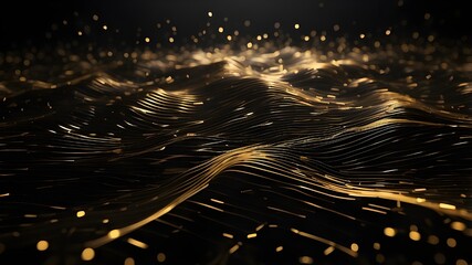 Obraz premium Illustration created by generative AI showing an abstract backdrop with rows of shimmering lines on a black surface and luminous golden lights.