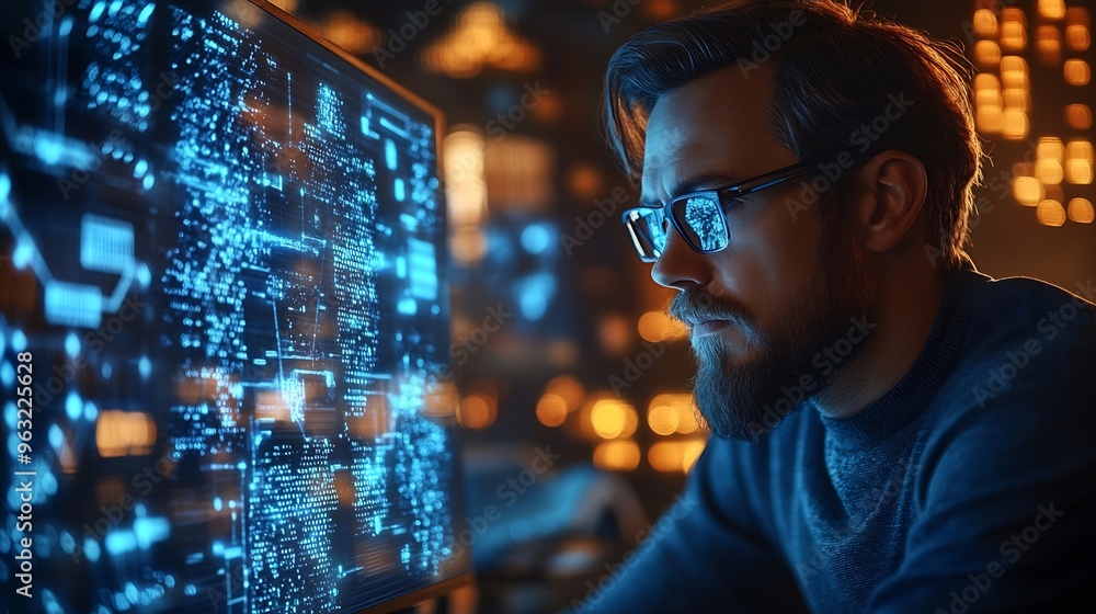 Poster Qualified data scientist updating neural networks writing complex binary code scripts Certified teleworking man in home office uses digital device programming to upgrade AI : Generative AI