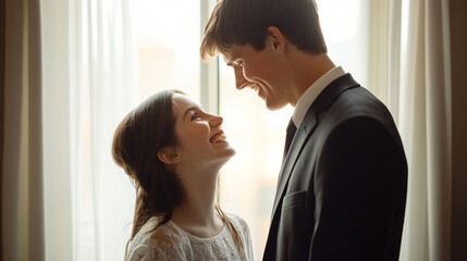 Fototapeta premium Joyful young bride and groom laugh by a window on their wedding day, radiating love and happiness in elegant attire, exuding romance and togetherness in soft light