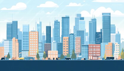 A vibrant cityscape with towering skyscrapers against a clear blue sky. Modern buildings and a bustling downtown area. Perfect for urban and city related concepts.