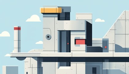 Abstract geometric building with a futuristic design, featuring a simple facade with a red window and a yellow rooftop against a blue sky.