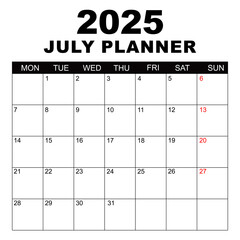 July 2025 Calendar. Week starts on Monday. Blank Calendar Template. Fits Letter Size Page. Stationery Design. Simple set calendar 2025. Monthly calendar template. Planner for 2025 year.