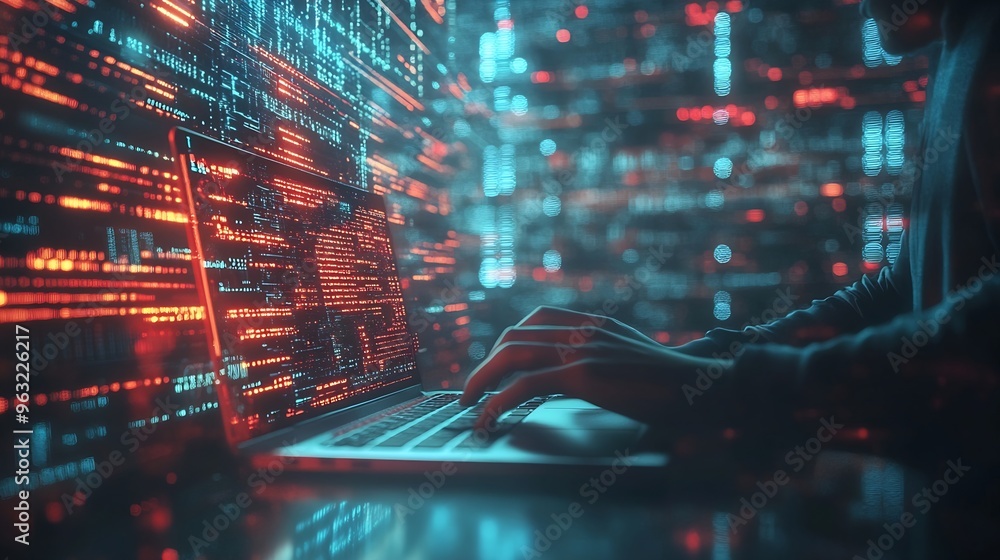Fototapete Digital technology data engineering cloud computing concept Computer programmer working on laptop with big data processing and computer code futuristic technology background software d : Generative AI