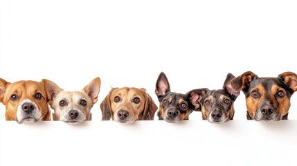 Obraz premium Five Dogs Looking Over a White Surface