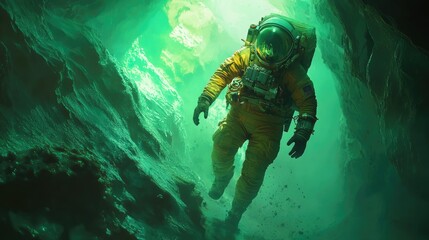 An astronaut drifts weightlessly in an alien cave illuminated by mysterious energy, embarking on a surreal adventure.