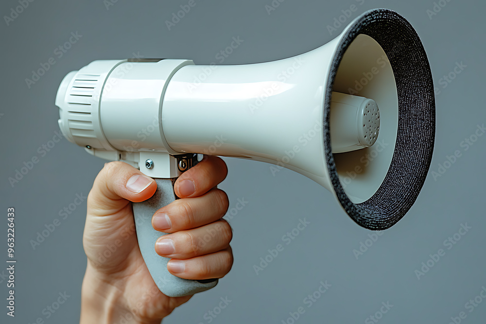 Wall mural close-up of a hand gripping a loudspeaker, symbolizing communication, public speaking, activism, or 