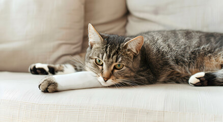 Plaster cast on the front broken paw of a cat lying on a light colored couch. Concept of cat medicine.