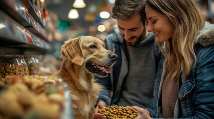 Happy couple buying food for their dog in pet shop : Generative AI