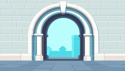 Fototapeta premium An arched doorway with a white frame leads to a cityscape, suggesting a magical entrance or a journey beyond.