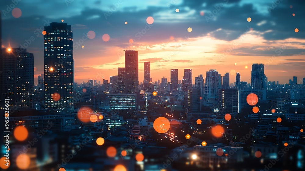 Poster Wireless network and Connection technology concept with Abstract Bangkok city background : Generative AI