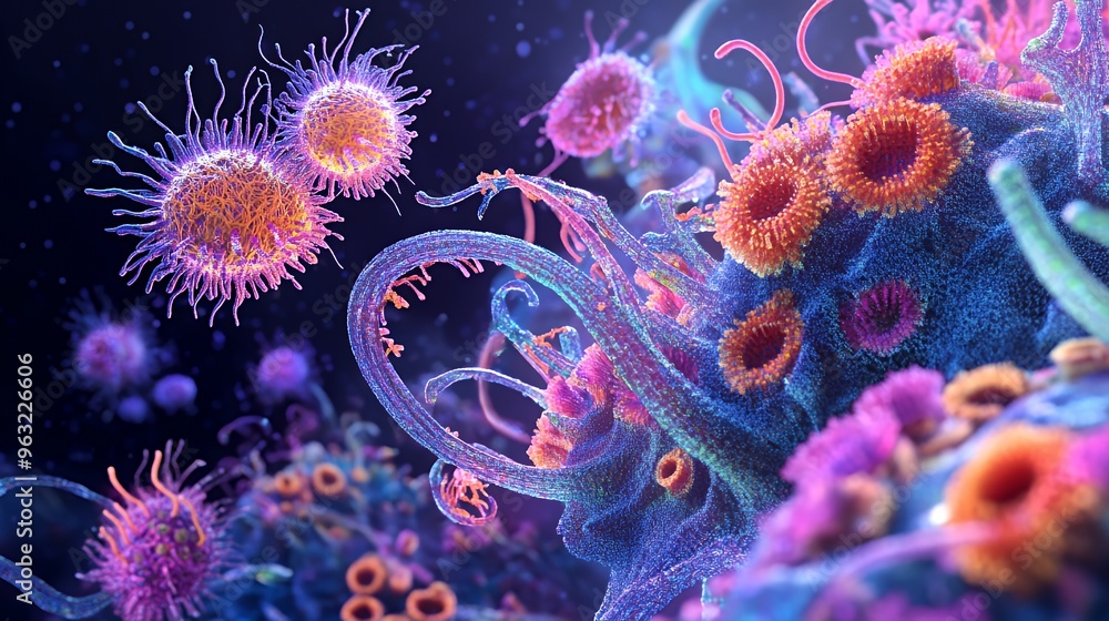 Aufkleber a microscopic view of colorful bacteria and viruses with intricate structures and patterns.