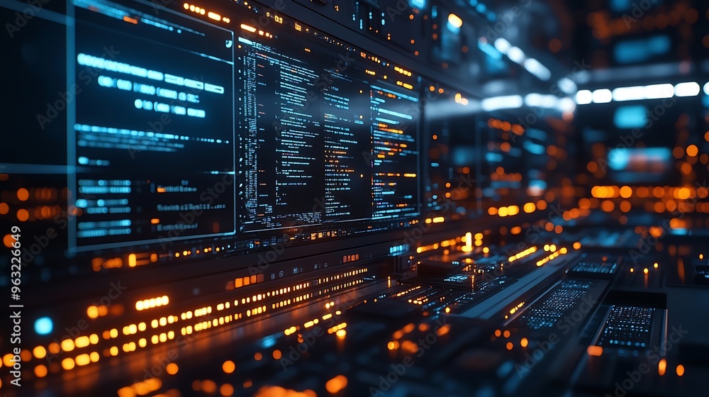 Fototapete Digital technology internet network connection big data digital marketing IoT Programmer coding on computer with smart city and internet network data accessing innovative technology ba : Generative AI