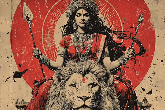 A trendy studio shot of Hindu goddess Maha Durga, depicted riding a lion, symbolizing power and protection. The vibrant and detailed imagery highlights her divine strength and grace
