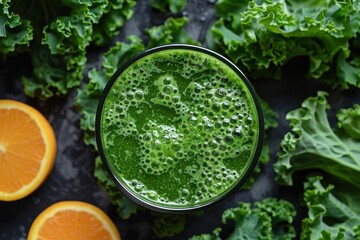 Fresh green smoothie in a glass surrounded by kale and orange slices. A healthy drink packed with nutrients and vitamins for a vibrant lifestyle
