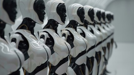Obraz premium Row of humanoid robots lined up in a modern facility, showcasing advancements in technology and artificial intelligence.