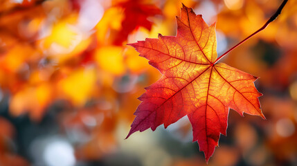Close-up of vibrant red autumn leaf against a blurred orange background