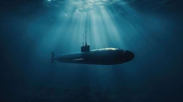 A submarine submerged in dark blue water with rays of light piercing the surface. Concept of military, espionage, underwater exploration, and deep sea adventure.