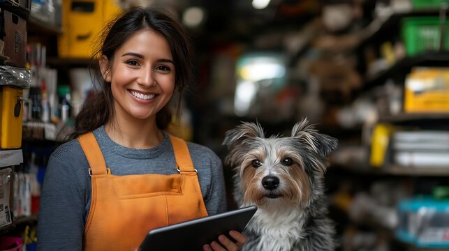 cheerful latin american saleswoman entrepreneur holding a tablet next to pet in a small auto parts supply shop : Generative AI