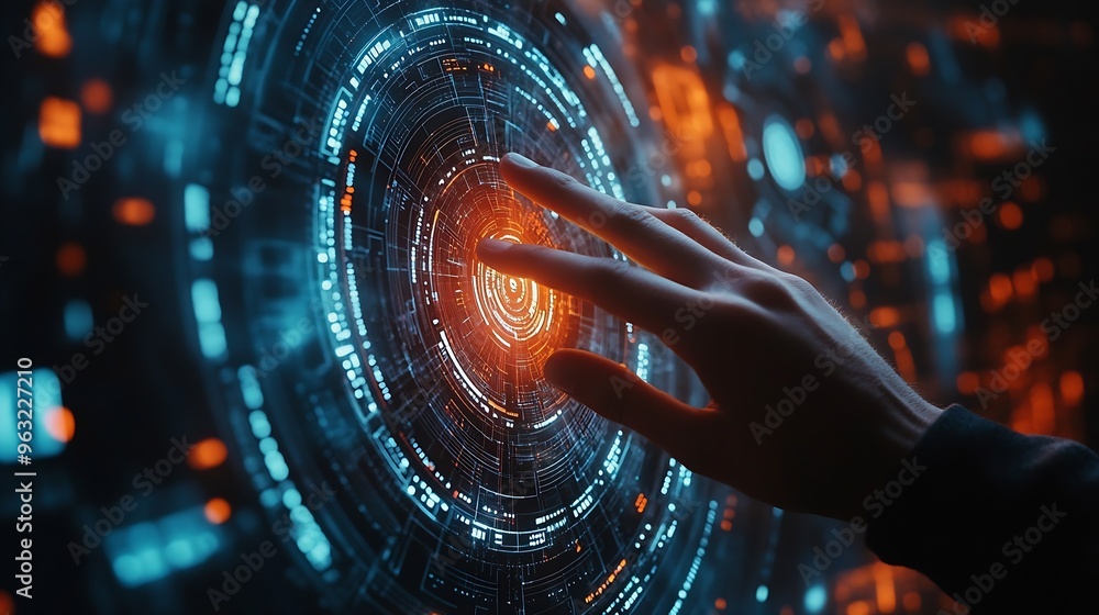 Poster Hand touching abstract network circle technology structure Innovation networking future worldwide global concept : Generative AI