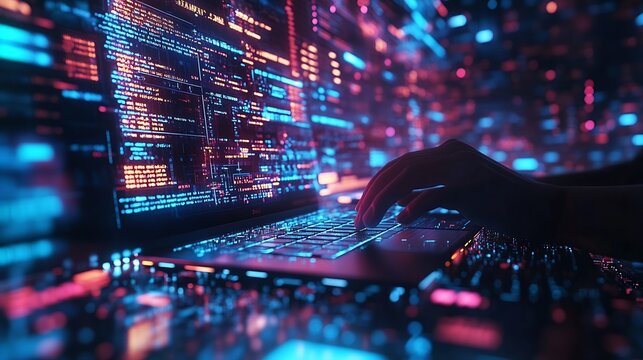 Digital technology software development concept Coding programmer software engineer working on laptop with circuit board and javascript on virtual screen internet of things IoT : Generative AI
