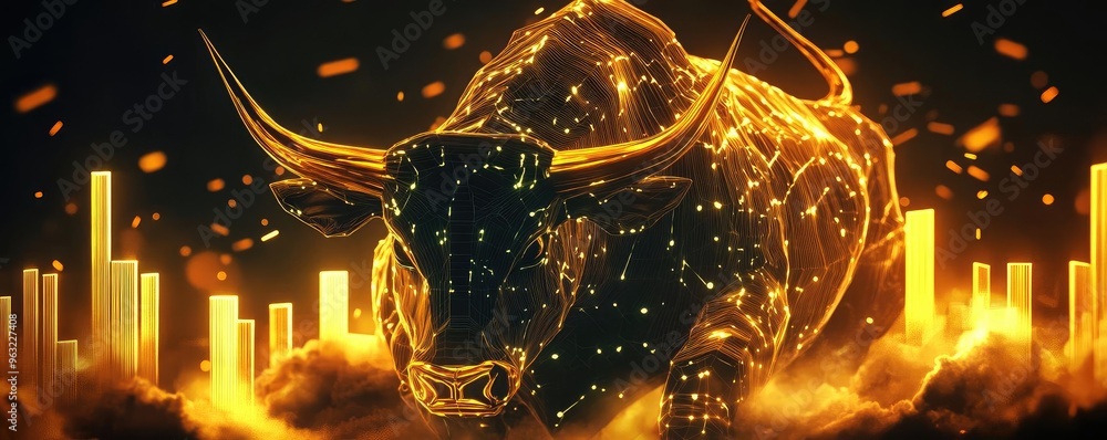 Poster a powerful golden bull symbolizes strength and determination, set against a dynamic backdrop of risi