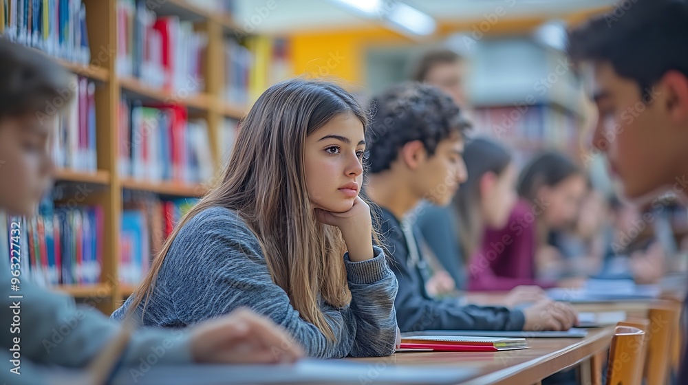Poster secondary or high school students collaborating in study area with teachers in background : generati