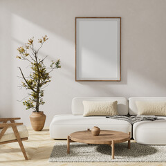Mock up poster frame in Scandinavian style interior. Minimalist livingroom with wooden furnitures. 3D illustration © Salih