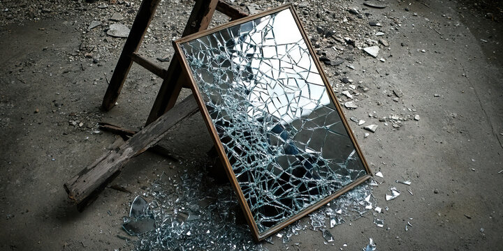 The Shattered Glass Ceiling: A shattered mirror on a dusty concrete floor, near a broken ladder.