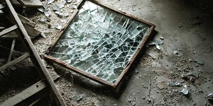 The Shattered Glass Ceiling: A shattered mirror on a dusty concrete floor, near a broken ladder.