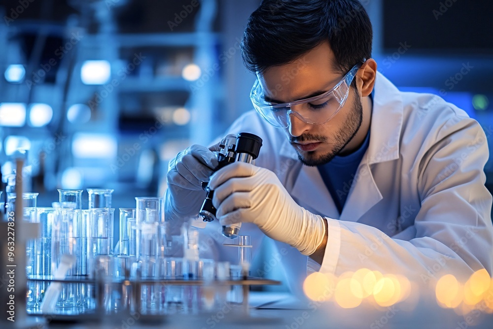 Aufkleber scientist is using a microscope, carefully examining samples in test tubes in a laboratory late at n