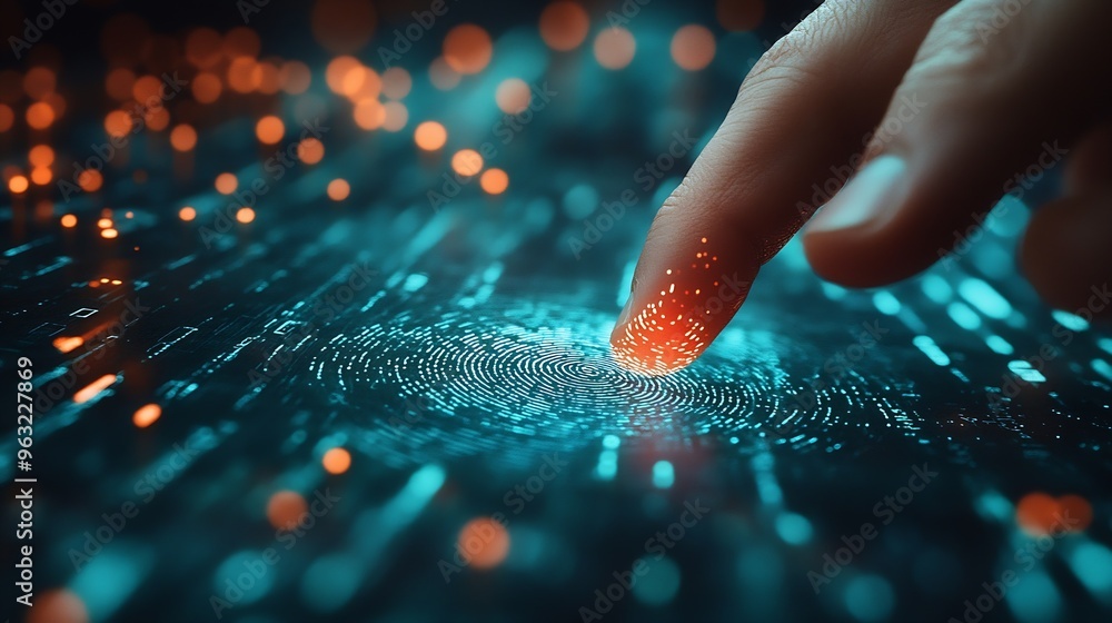 Aufkleber Businessman using fingerprint scanning to unlock and access business information network Biometric identity and cyber security concept protecting business transactions from online digi : Generative AI