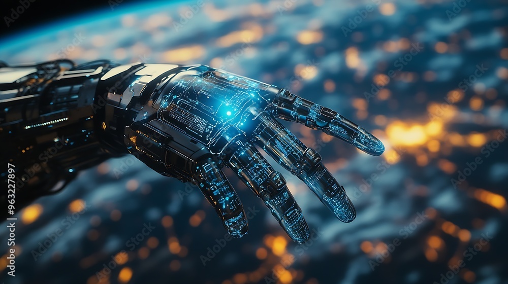 Aufkleber Robot hand with network connection on earth Artificial intelligence and digital technology connection internet big data analytics and business concepts ecommerce social networking AI : Generative AI