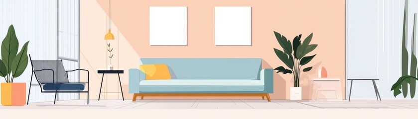 Minimalist living room with couch, plants, and framed art.