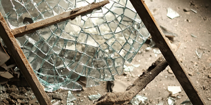The Shattered Glass Ceiling: A shattered mirror on a dusty concrete floor, near a broken ladder.