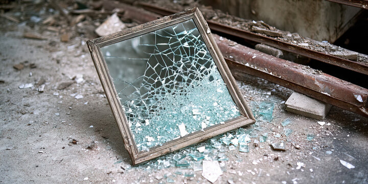 The Shattered Glass Ceiling: A shattered mirror on a dusty concrete floor, near a broken ladder.