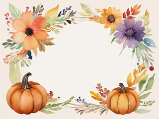 A watercolor Thanksgiving illustration featuring a pumpkin and autumn leaves, perfect for invitations and greeting cards.