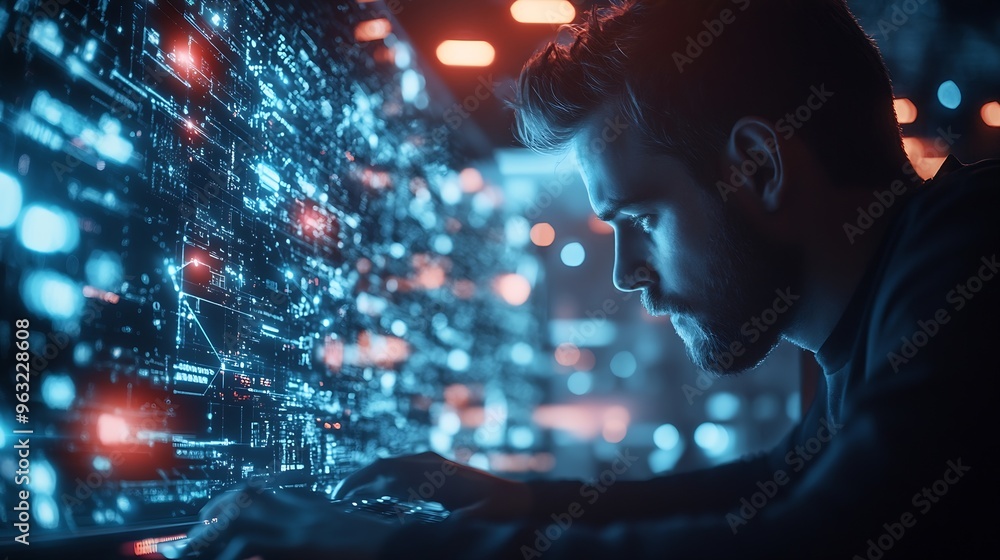Leinwandbilder Digital transformation internet network technology big data futuristic technology background man using computer with global network connection data link and exchange on virtual screen : Generative AI