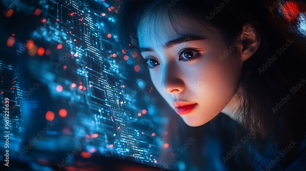 Aufkleber Woman on digital tablet futuristic network overlay and iot cloud data communication hologram with blockchain coding technology Future of cyber security fintech software and information : Generative AI