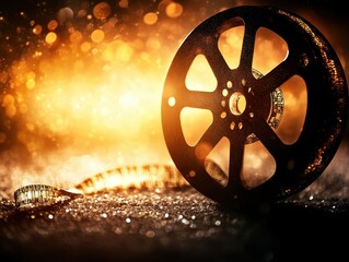 Obraz premium Vintage Film Reel with Glowing Bokeh Background, Symbolizing Cinematic Art and Nostalgia in Golden Tones