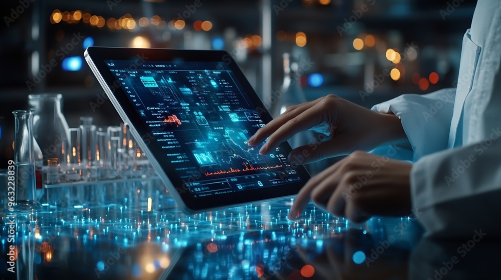 Poster Scientist hand tablet and hologram in laboratory with typing chart data and 3d overlay for pharma development Pharmaceutical person digital touchscreen and press on holographic dashboa : Generative AI